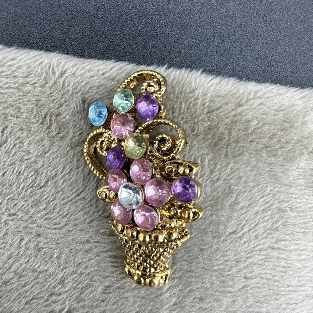 Vintage Rhinestone Brooch Flower‎ Basket Fruit Salad Gold Tone Pastel
